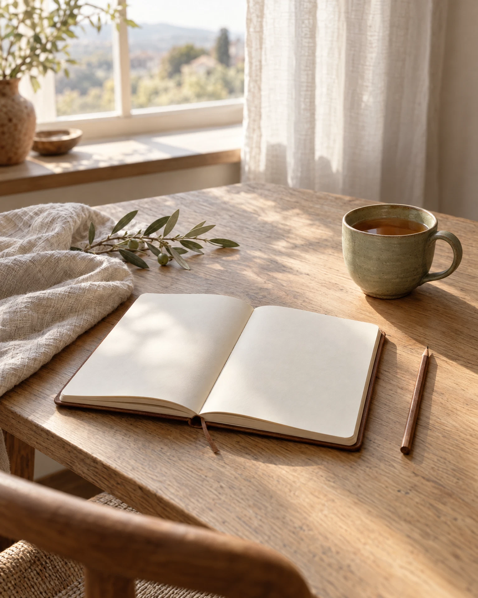 Ein offenes Notizbuch und eine Tasse Tee im warmen Tageslicht auf einem hellen Holztisch